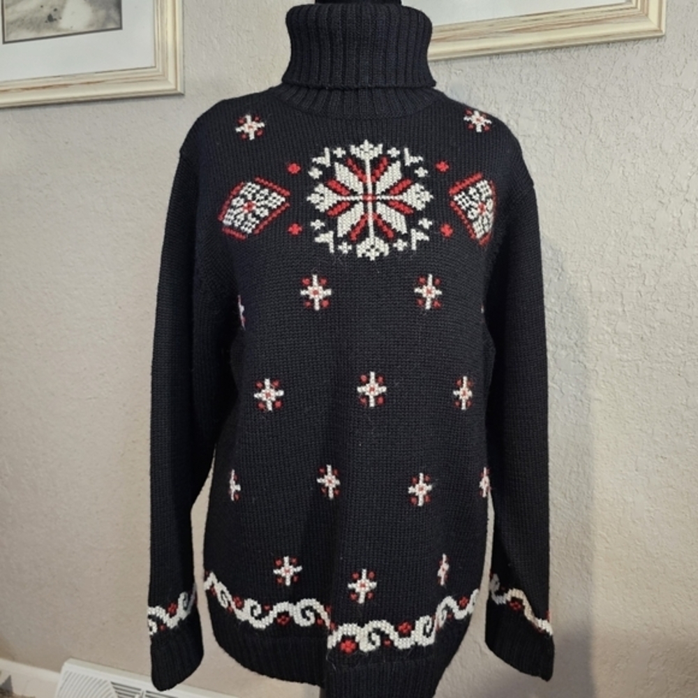 Nordic Design Petite Black Snowflake Fair Isle Turtleneck‎ Sweater Women's Large